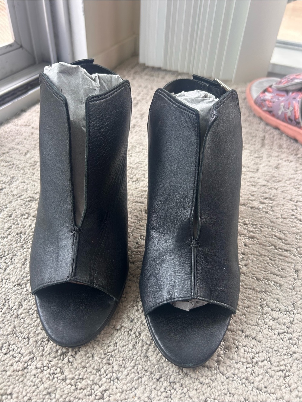 Vince Camuto Black Leather Peep-Toe Ankle Mules